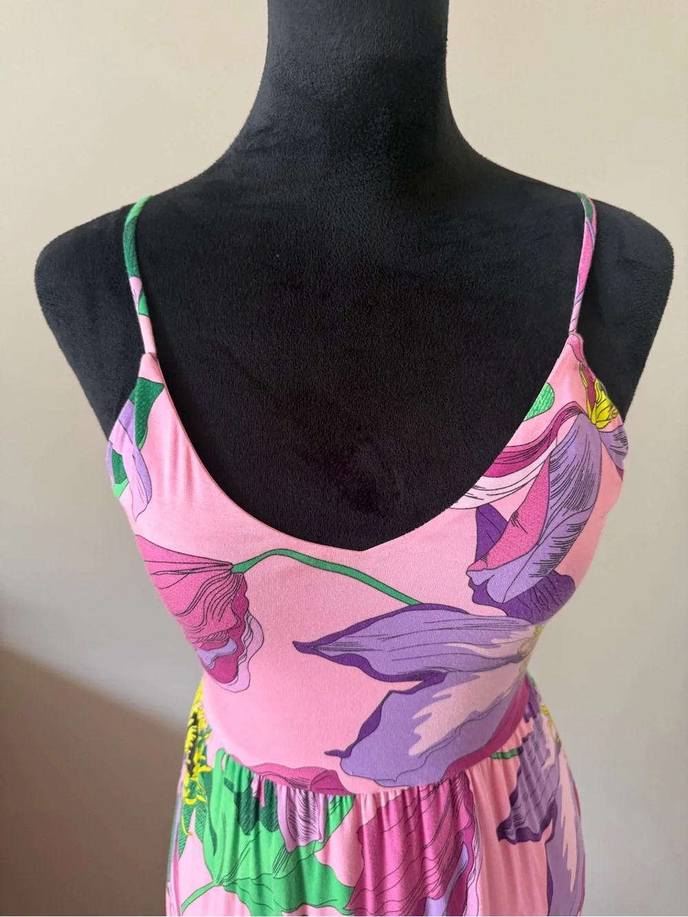 Express Pink Floral Spaghettie Strap Maxi Dress with Purple & Green Print XSmall